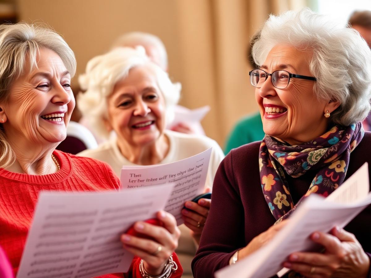 Residents singing along with lyric sheets at a music session