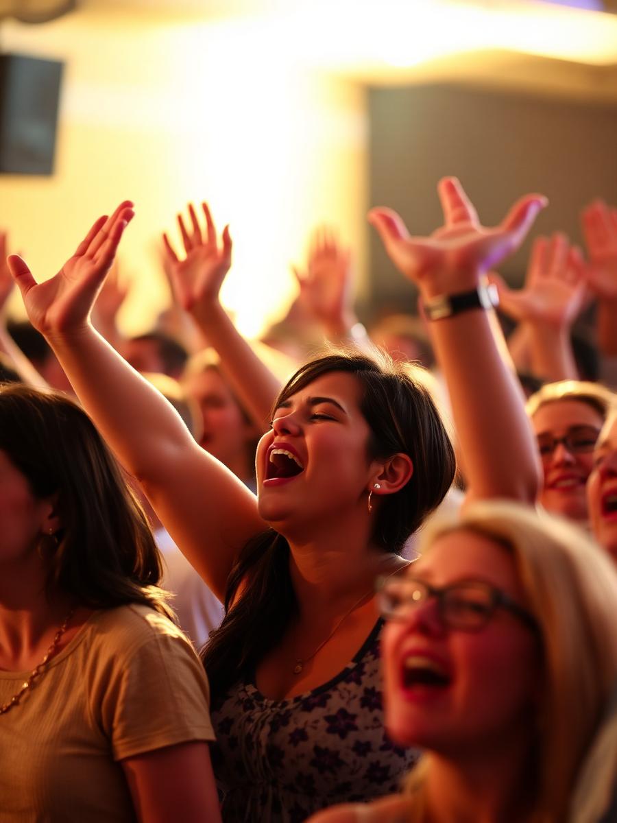 Audience singing along with arms raised