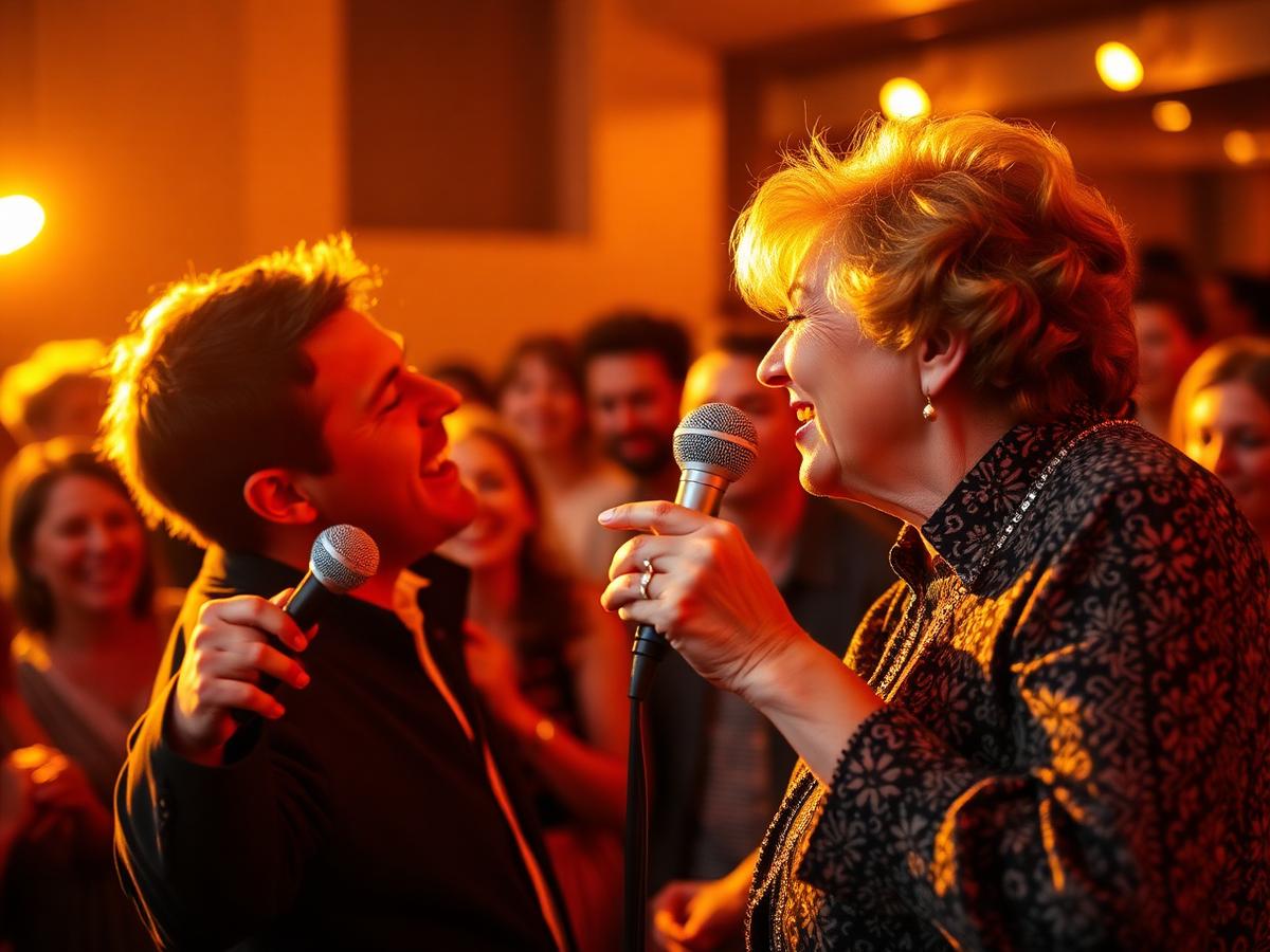 A guest singing into the microphone with Vinny