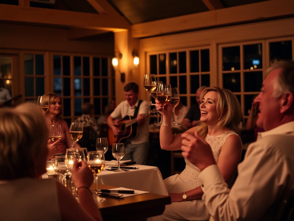 Guests raising glasses and singing along during live music at a country club