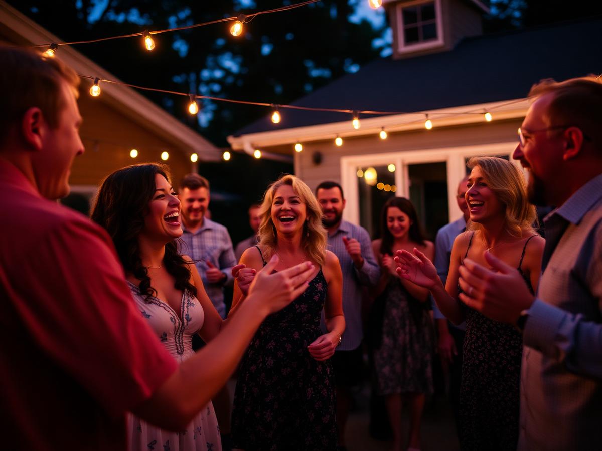 Guests laughing and dancing at a backyard party under string lights