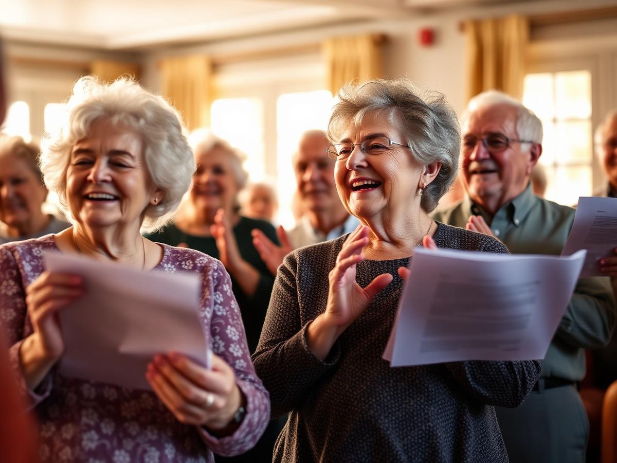 Seniors clapping and singing along in a retirement community activity room