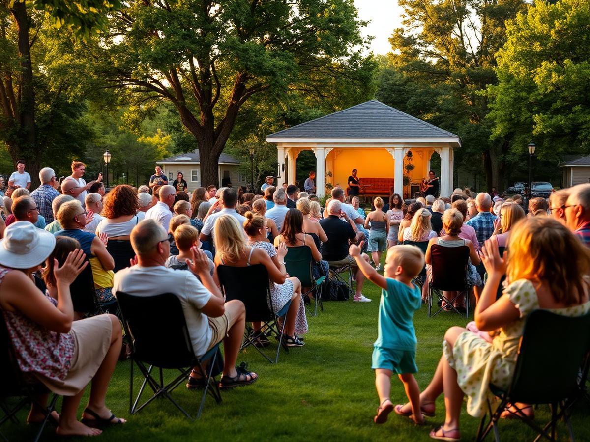 Families clapping along at an outdoor town green summer concert